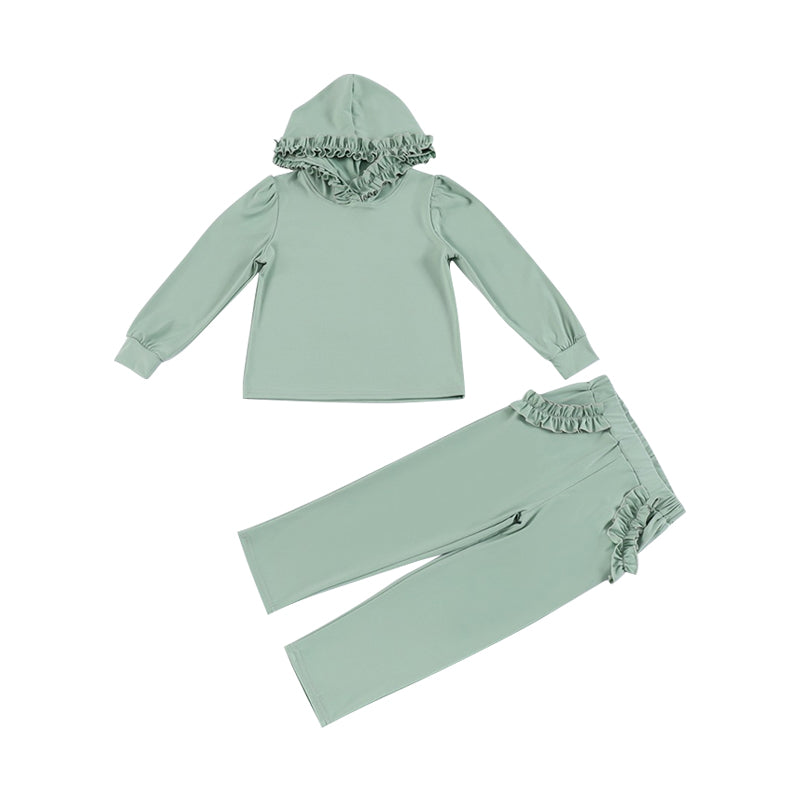 Preorder Baby Girl Long Sleeves Green Hoodie Shirt Ruffle Pockets Pants Clothes Set