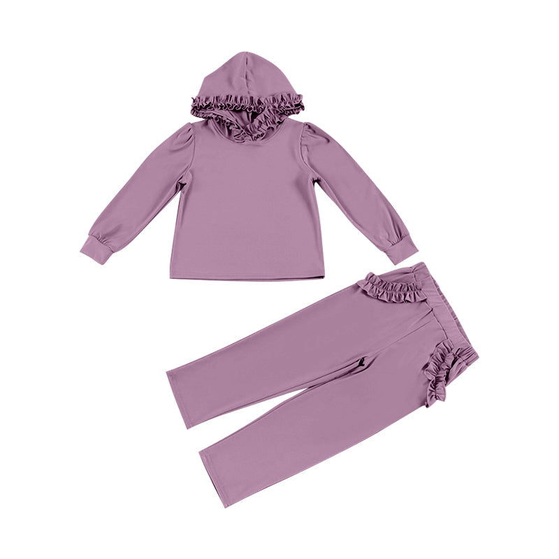 Preorder Baby Girl Long Sleeves Purple Hoodie Shirt Ruffle Pockets Pants Clothes Set