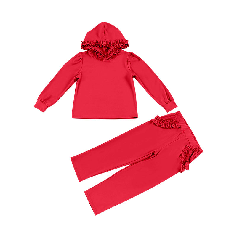 Preorder Baby Girl Long Sleeves Red Hoodie Shirt Ruffle Pockets Pants Clothes Set