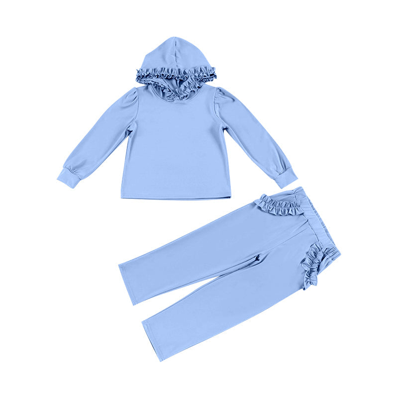 Preorder Baby Girl Long Sleeves Blue Hoodie Shirt Ruffle Pockets Pants Clothes Set