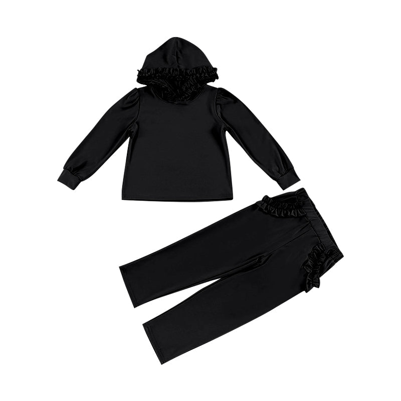Preorder Baby Girl Long Sleeves Black Hoodie Shirt Ruffle Pockets Pants Clothes Set