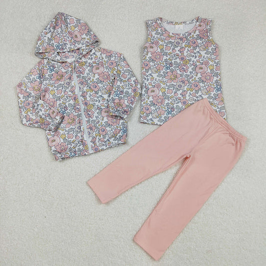 Baby Girl Flower Hoodie Zipper Coat Pink Pants Floral Set RTS