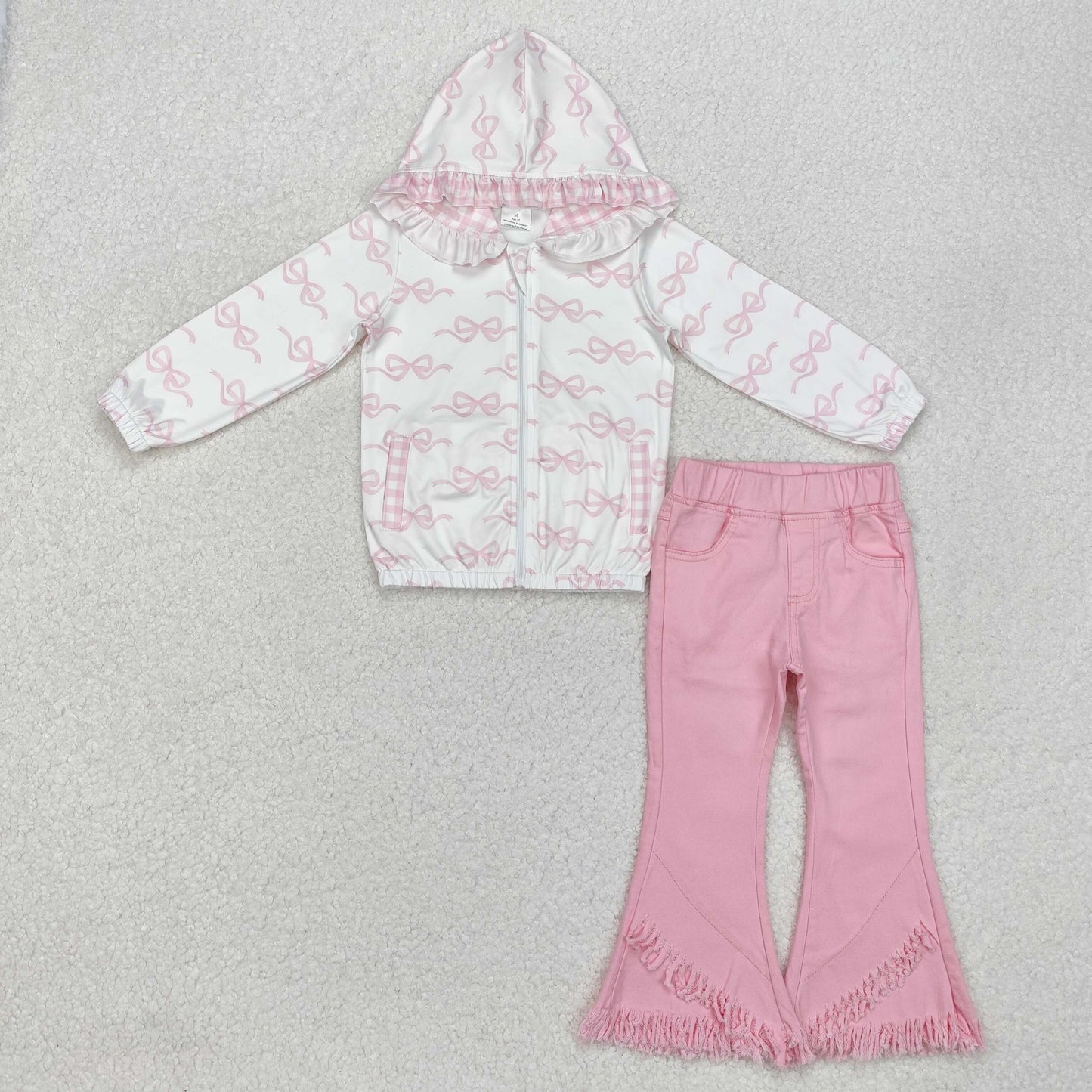 Sibling Baby Girls Kids Long Sleeves Bows Zipper Hoodie Jackets Pants Sets Clothes RTS