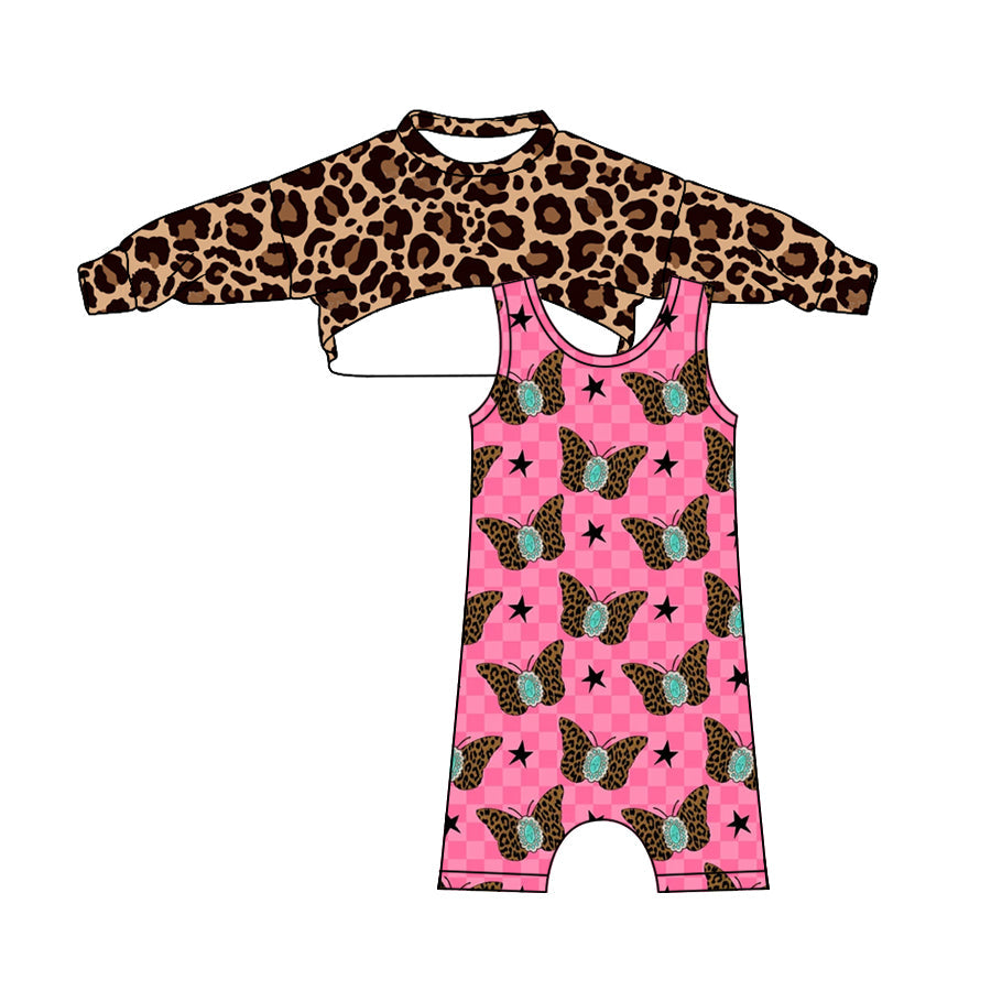Preorder Baby Girl Long Sleeves Leopard Tops Butterfly Checked Jumpsuit Set
