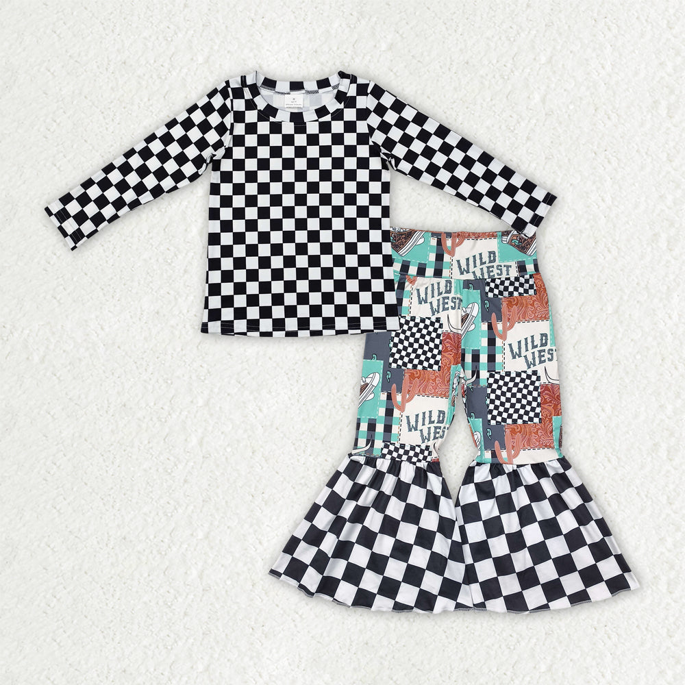 Baby Girl Long Sleeves Black Checked Shirt Western Cactus Bell Pant Set RTS