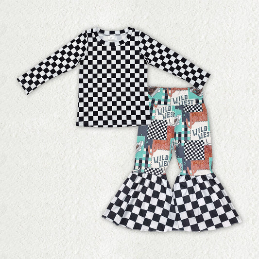 Baby Girl Long Sleeves Black Checked Shirt Western Cactus Bell Pant Set RTS