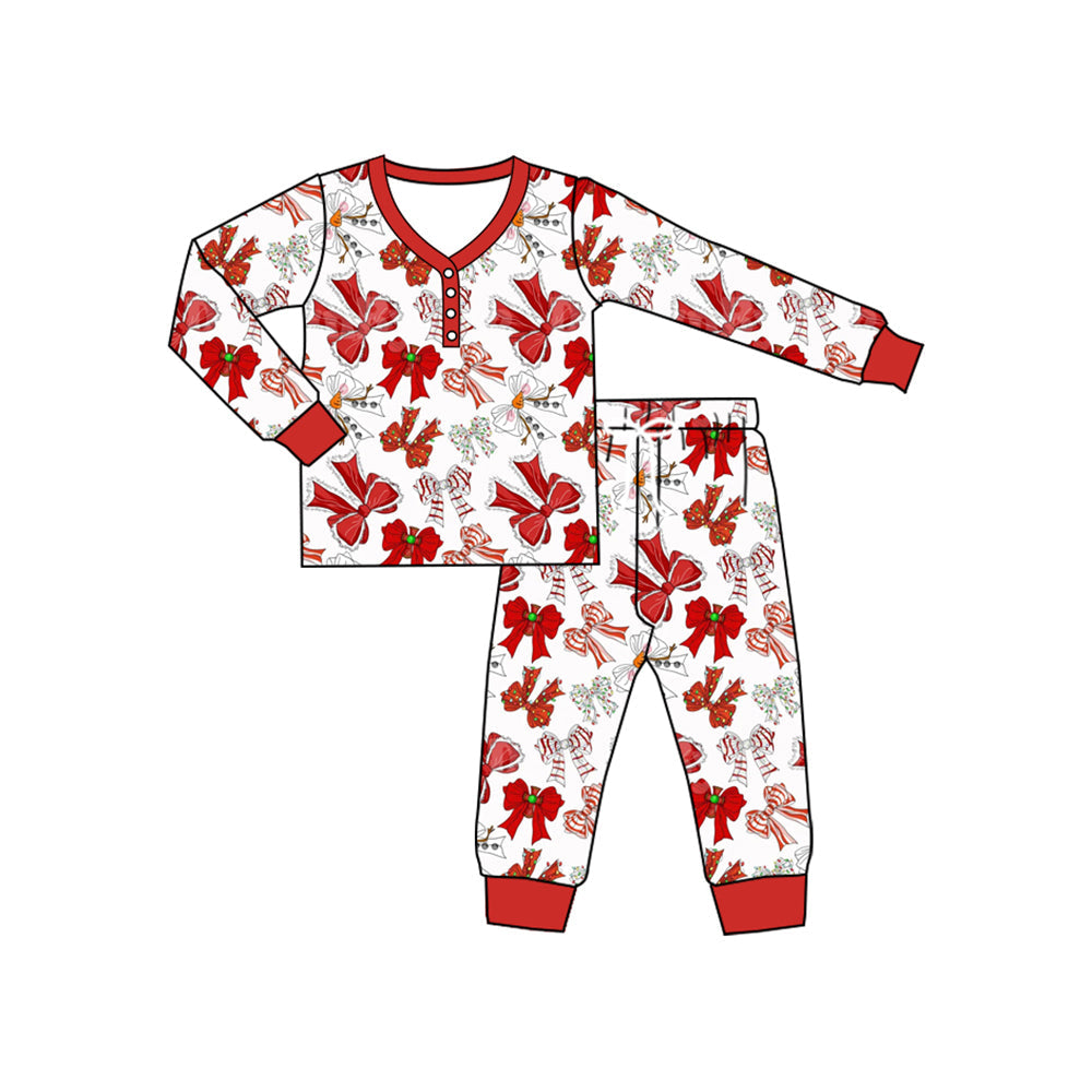 ( Moq 5 ) Preorder Adult Women Long Sleeves Red Bows Button Shirt Pants Pajamas Set