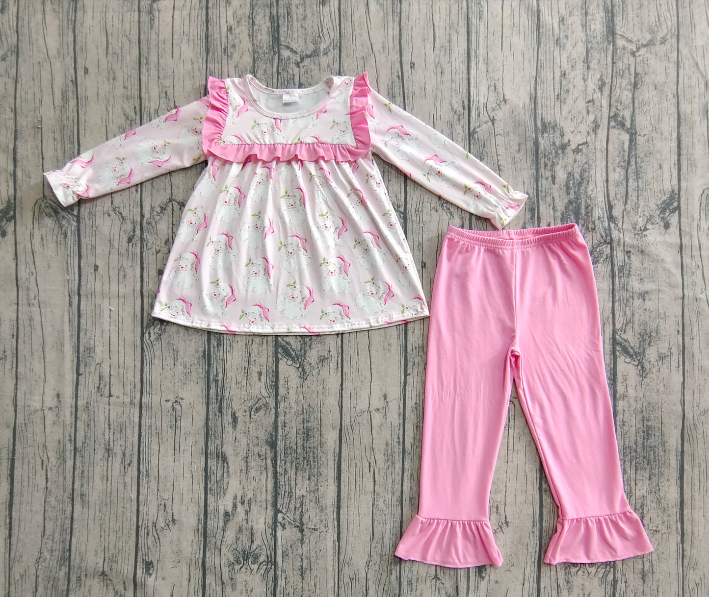 Baby Girl Long Sleeves Pink Santa Tunic Ruffle Pants Christmas Set RTS