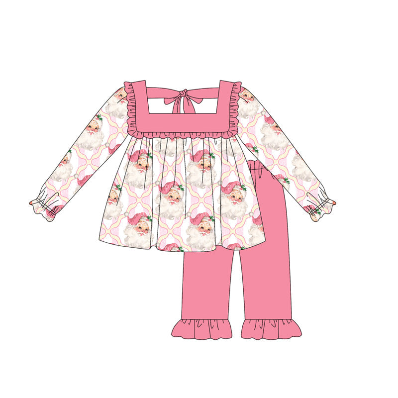 ( Moq 5 ) Preorder Baby Girl Long Sleeves Santa Tunic Ruffle Pink Pants Christmas Set