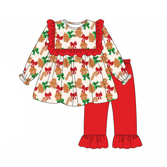 ( Moq 5 ) Preorder Baby Girl Long Sleeves Bows Gingerbread Tunic Red Pants Christmas Set