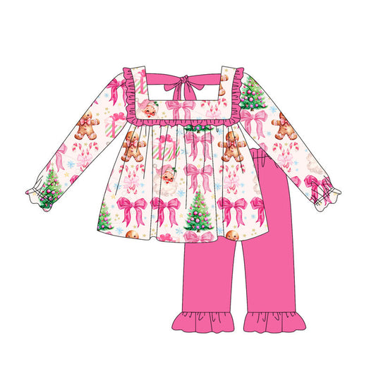 ( Moq 5 ) Preorder Baby Girl Long Sleeves Christmas Santa Gingerbread Tunic Ruffle Pink Pants Set