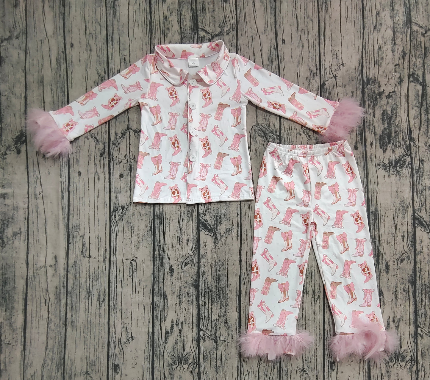 Baby Girl Pink Fur Long Sleeves Bows Boots Buttons Shirt Pants Pajamas Set RTS