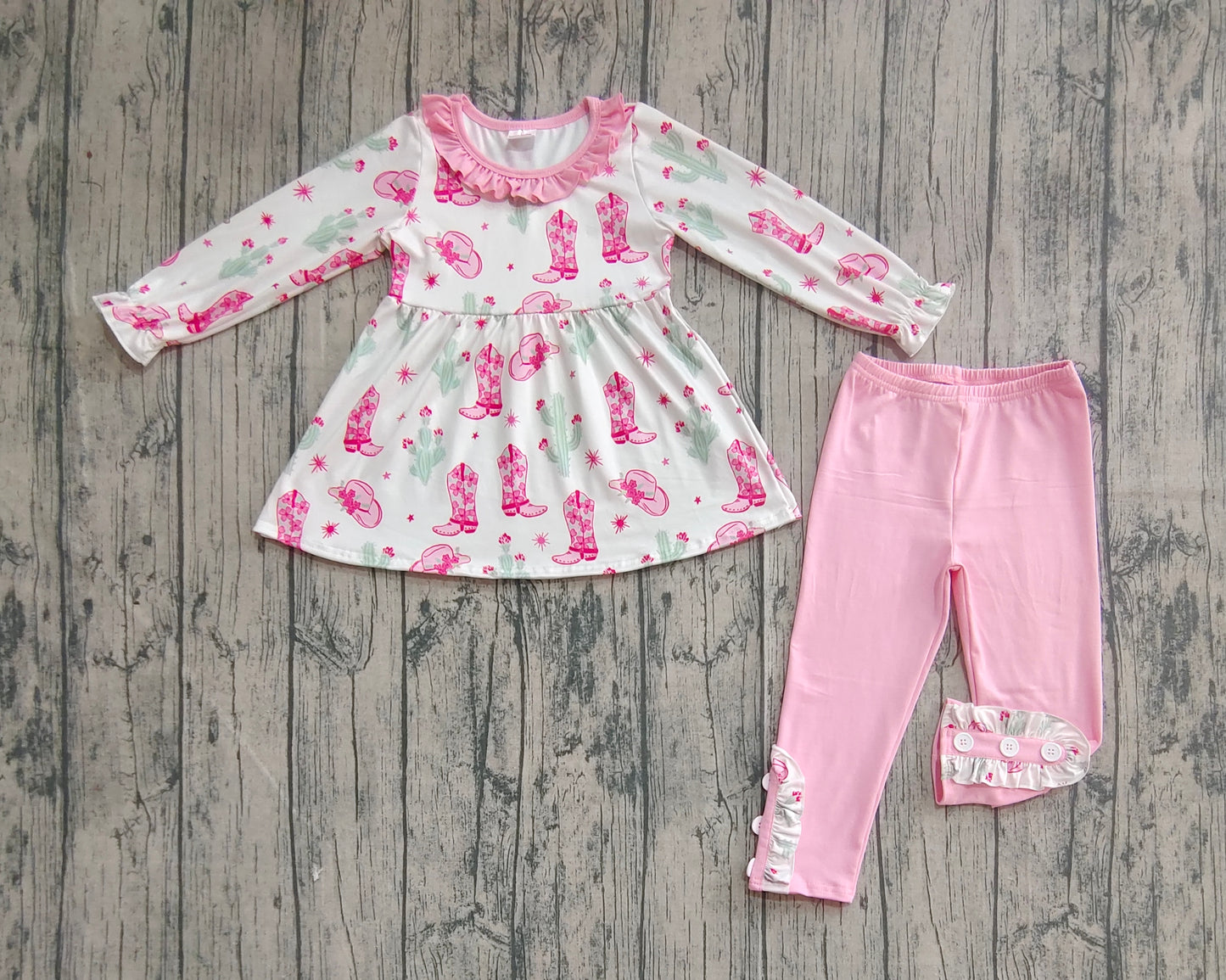 Baby Girl Long Sleeves Boots Cactus Tunic Pink Pants Western Set RTS
