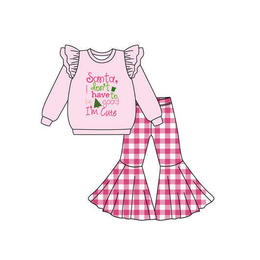 ( Moq 5 ) Preorder Baby Girl Pink Long Sleeves Santa Shirt Plaid Bell Pants Christmas Set