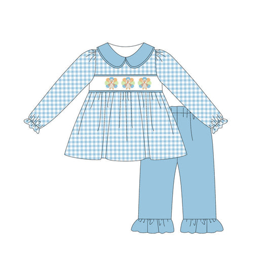 ( Moq 5 ) Preorder Baby Girl Blue Long Sleeves turkey Tunic Ruffle Pants Clothes Blue Set