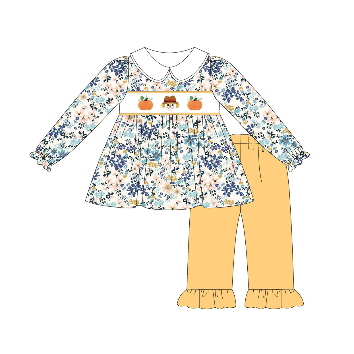 ( Moq 5 ) Preorder Baby Girl Long Sleeves Pumpkins Floral Tunic Yellow Ruffle Pants Clothes Set