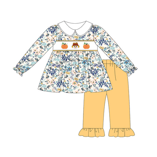 ( Moq 5 ) Preorder Baby Girl Long Sleeves Pumpkins Floral Tunic Yellow Ruffle Pants Clothes Set