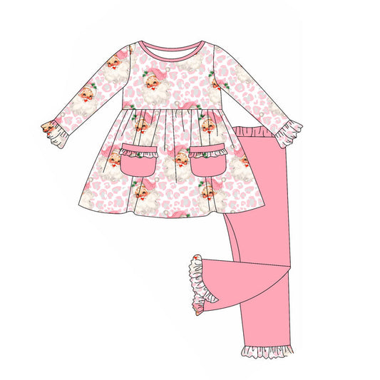 ( Moq 5 ) Preorder Baby Girl Long Sleeves Leopard Santa Pockets Tunic Pink Pants Christmas Clothes Set