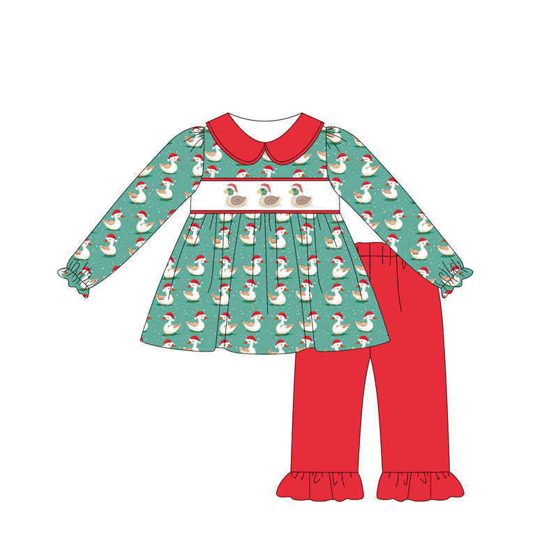 ( Moq 5 ) Preorder Baby Girl Long Sleeves Ducks Green Plaid Tunic Red Pants Clothes Christmas Set