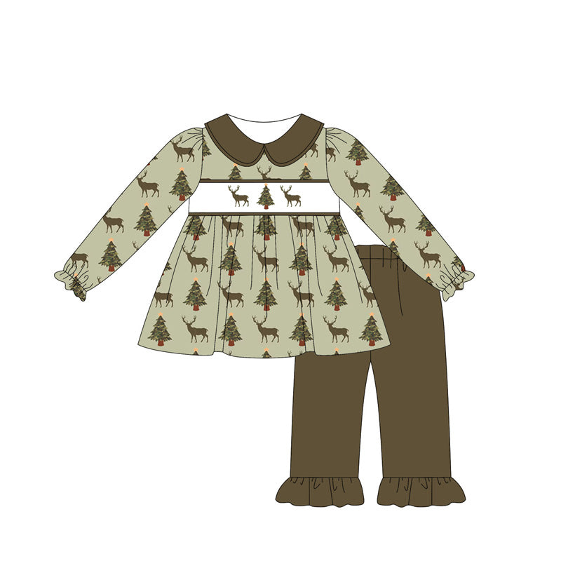 ( Moq 5 ) Preorder Baby Girl Long Sleeves Deer Trees Tunic Ruffle Pants Set