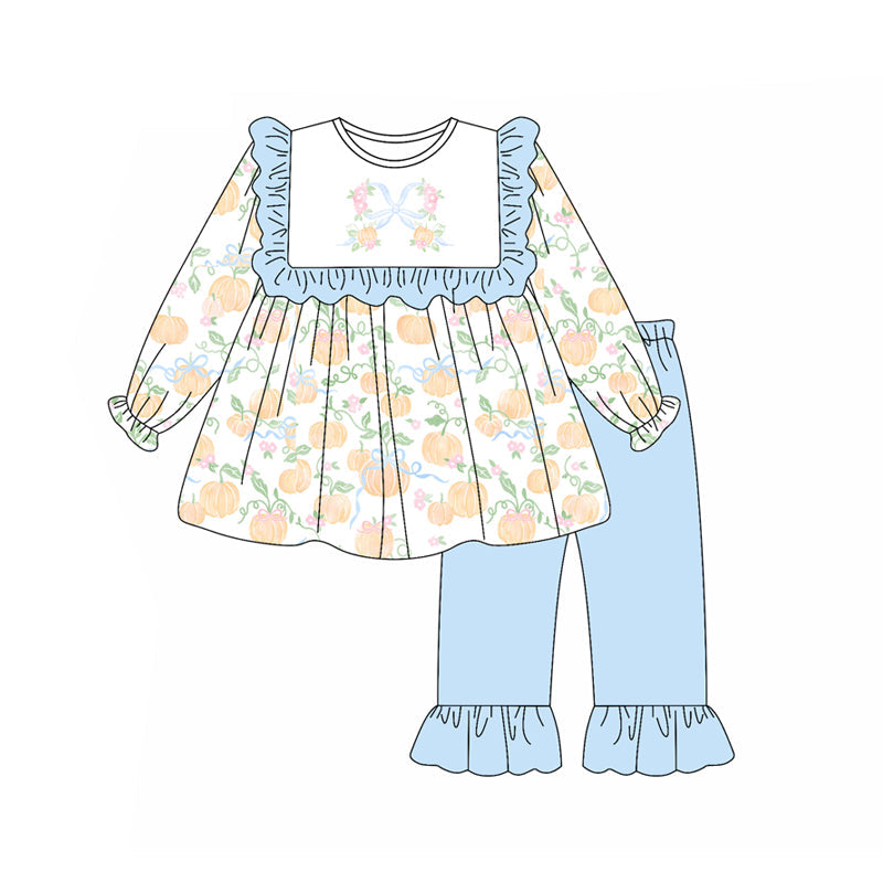 ( Moq 5 ) Preorder Baby Girl Long Sleeves Pumpkins Bows Tunic Blue Pants Fall Set