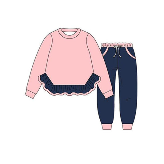 ( Moq 5 ) Preorder Baby Girl Pink Long Sleeves Ruffle Tops Pockets Pants Set