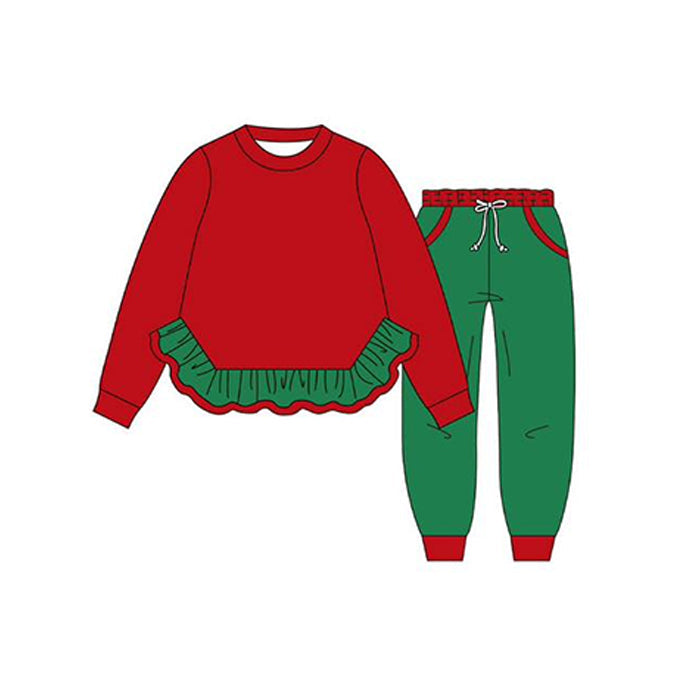 ( Moq 5 ) Preorder Baby Girl Long Sleeves Ruffle Red Tops Green Pockets Pants Set