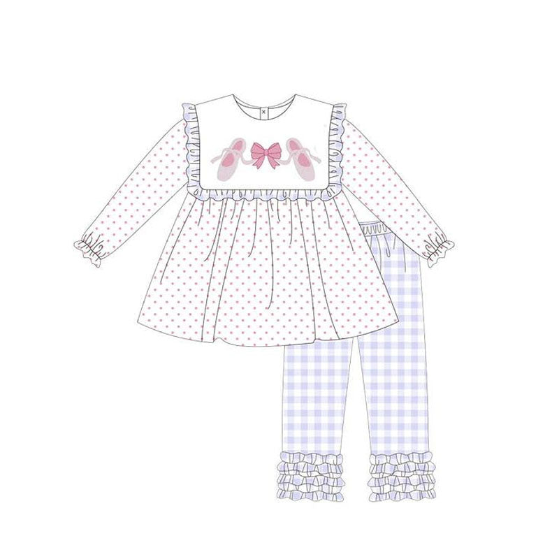 ( Moq 5 ) Preorder Baby Girl Long Sleeves Bow Shoes Dots Tunic Plaid Ruffle Pants Set