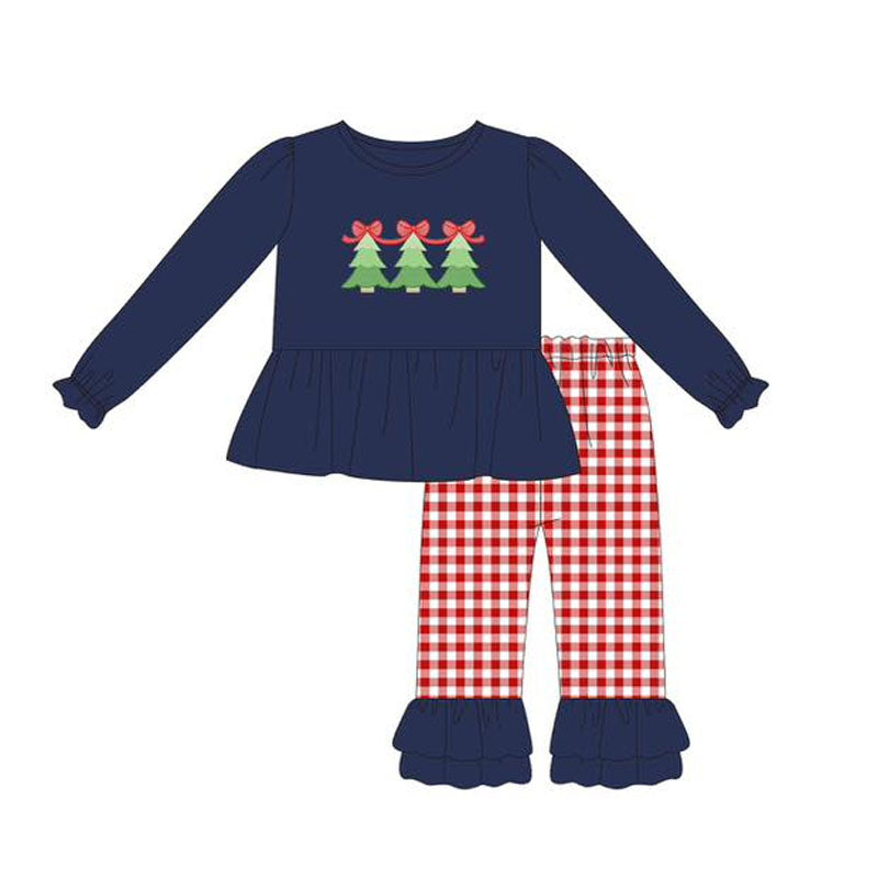 ( Moq 5 ) Preorder Baby Girl Navy Long Ruffle Sleeves Bows Trees Tunic Red Plaid Pants Christmas Set
