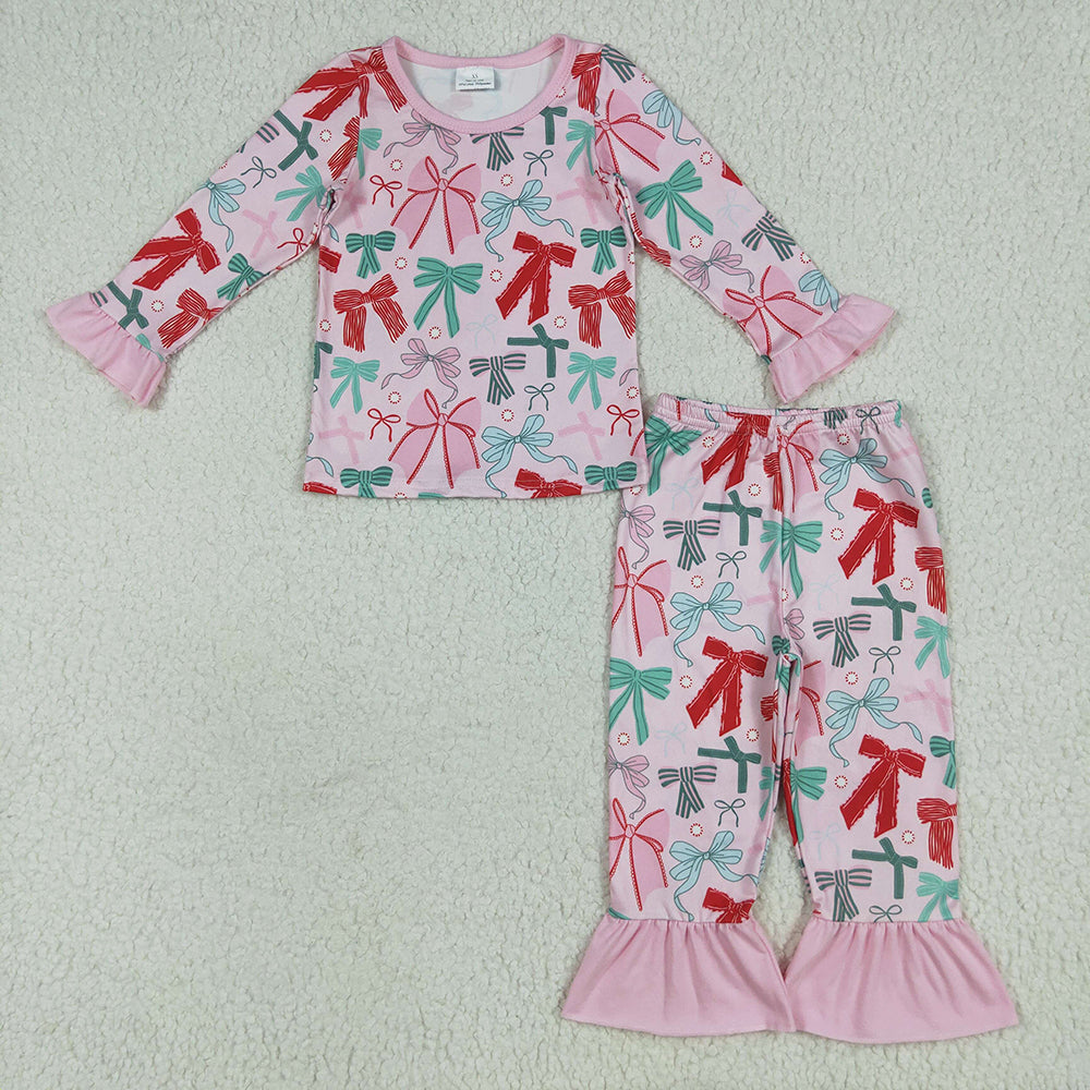 Baby Girl Long Sleeves Christmas Bows Sibling Romper Pajamas Set RTS