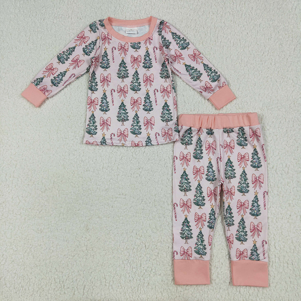 Baby Girl Long Sleeves Christmas Trees Pink Bows Sibling Romper Pajamas Set RTS