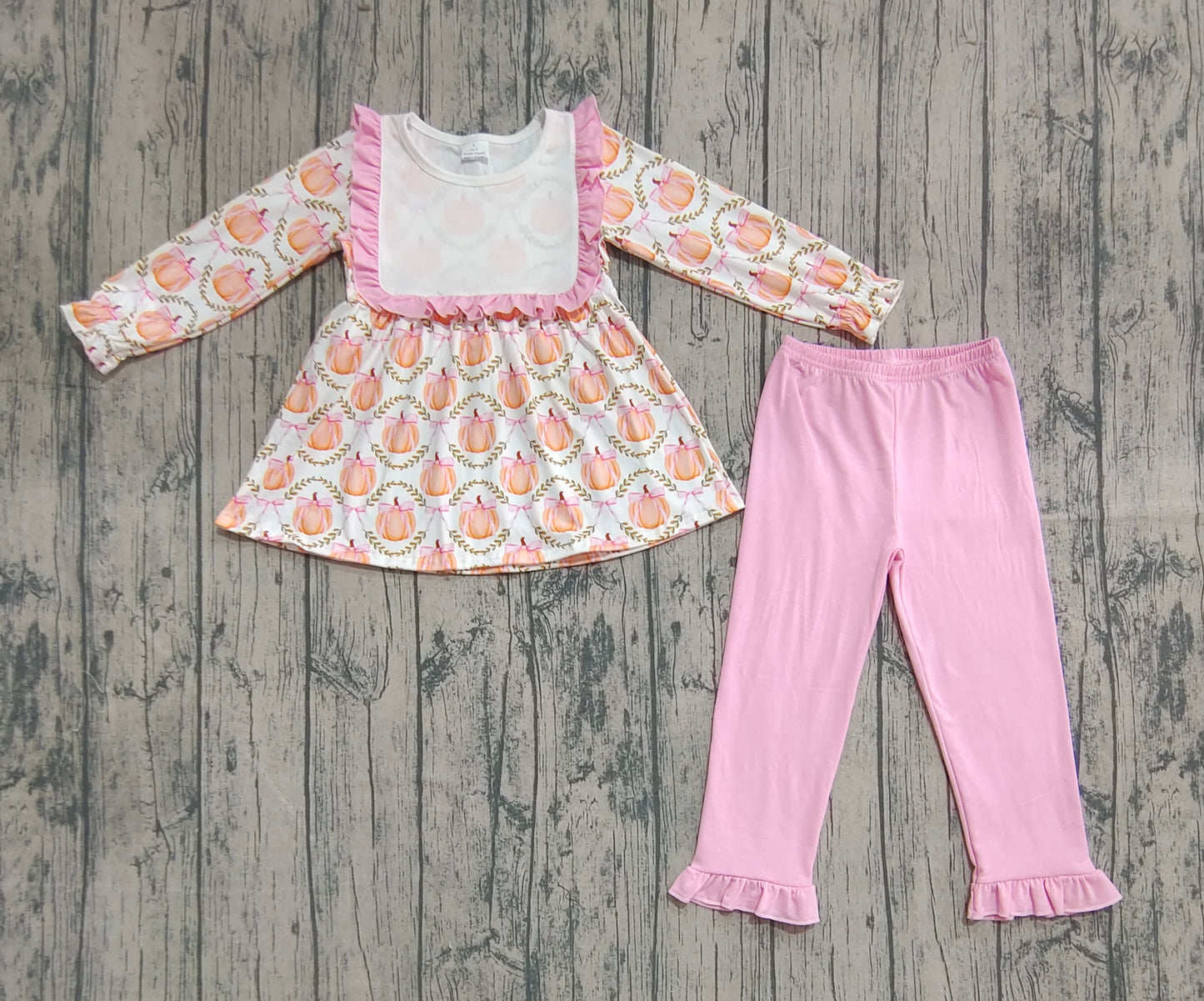 ( No moq ) Preorder Baby Girl Long Sleeves Pumpkin Bows Tunic Pink Pants Set RTS