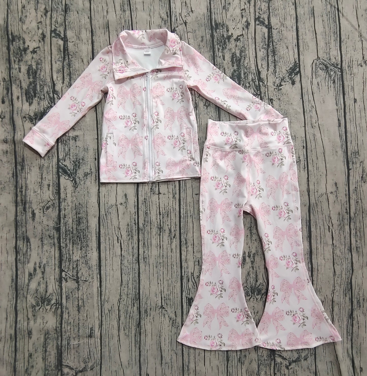 Baby Girl Floral Bows Pockets Zipper Shirt Bell Pants Pink Yoga Active Set RTS