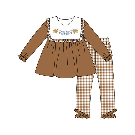 ( Moq 5 ) Preorder Baby Girl Brown Long Sleeves turkey Tunic Plaid Pants Thanksgiving Set