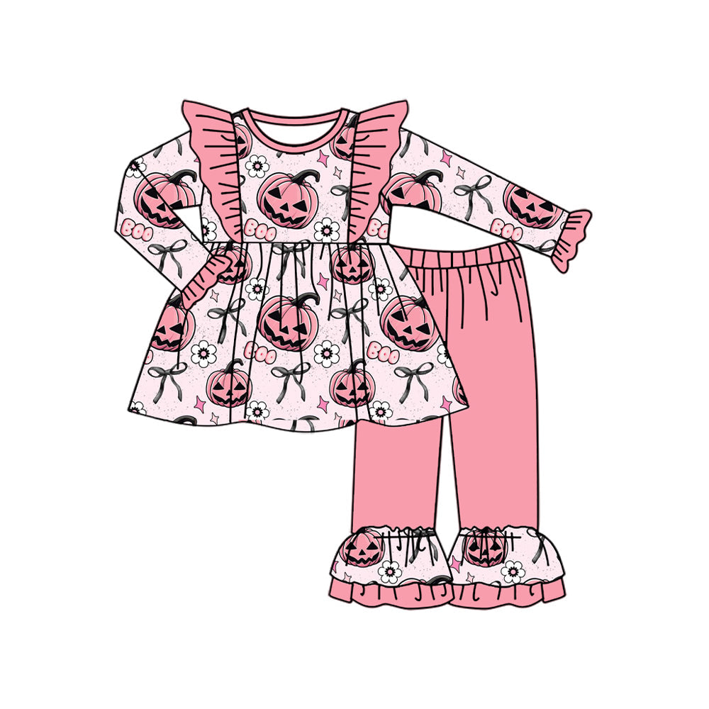 ( Moq 5 ) Preorder Baby Girl Long Sleeves Halloween Pumpkin Flower Bows Tunic Pink Pants Set