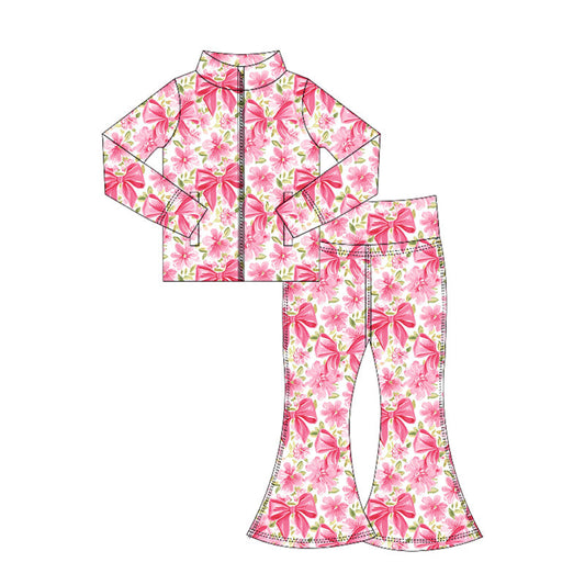( Moq 5 ) Preorder Baby Girl Long Sleeves Flower Bows Pockets Zipper Shirt Bell Pants Yoga Active Pink Set