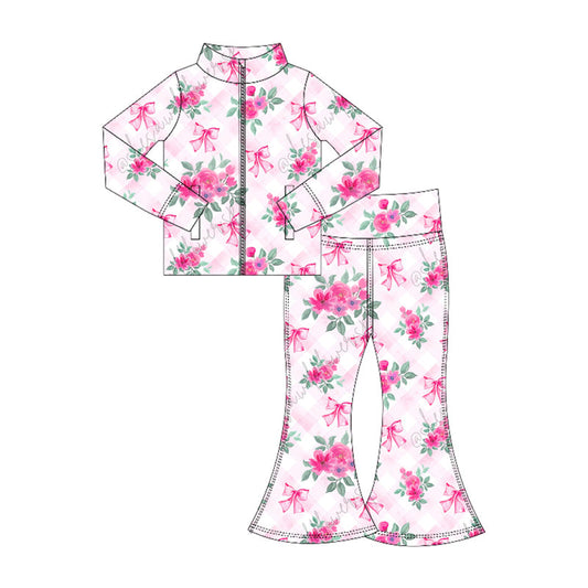 ( Moq 5 ) Preorder Baby Girl Long Sleeves Pink Plaid Flower Bows Pockets Zipper Shirt Bell Pants Yoga Active Set