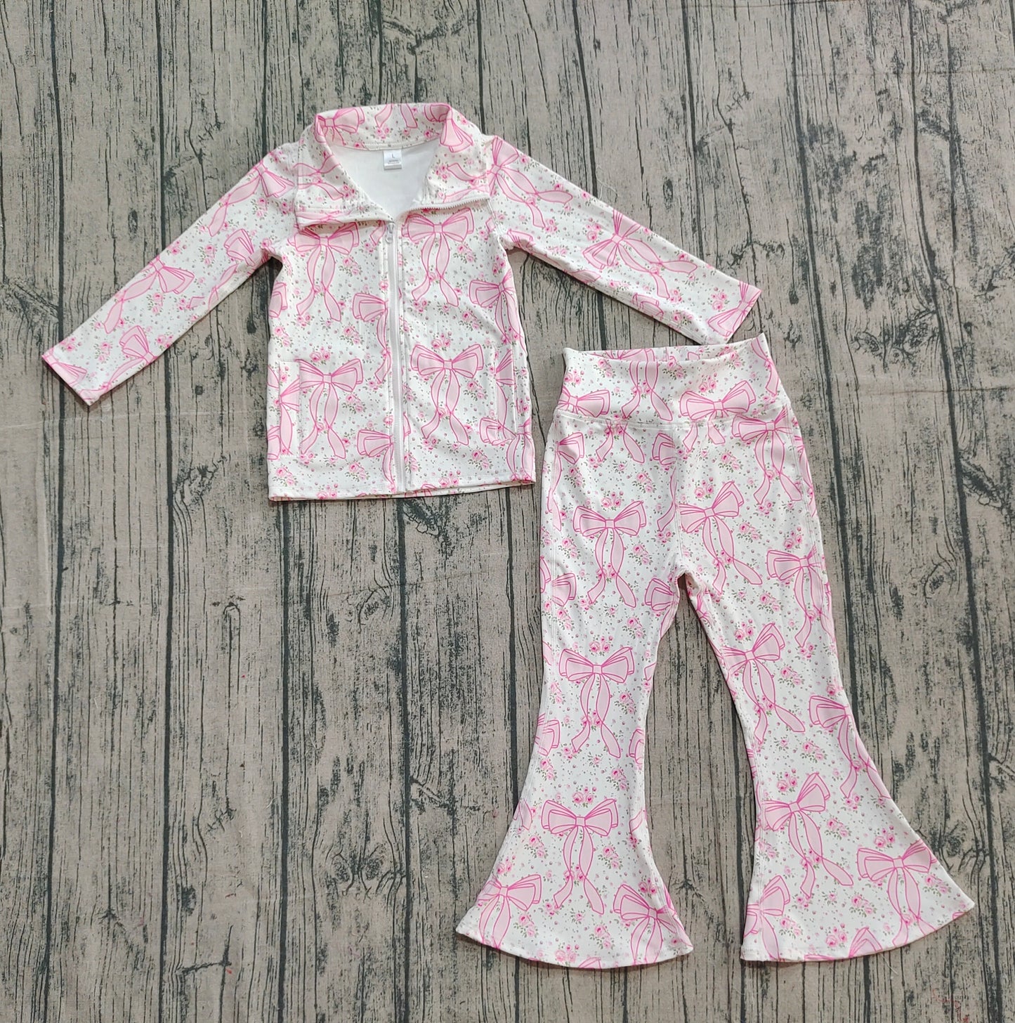 Baby Girl Long Sleeves Pink Floral Bows Pockets Zipper Shirt Bell Pants Yoga Active Set RTS