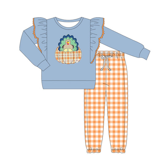 ( Moq 5 ) Preorder Baby Girl Long Sleeves turkey Pumpkin Shirt Orange Plaid Pants Thanksgiving Fall Set