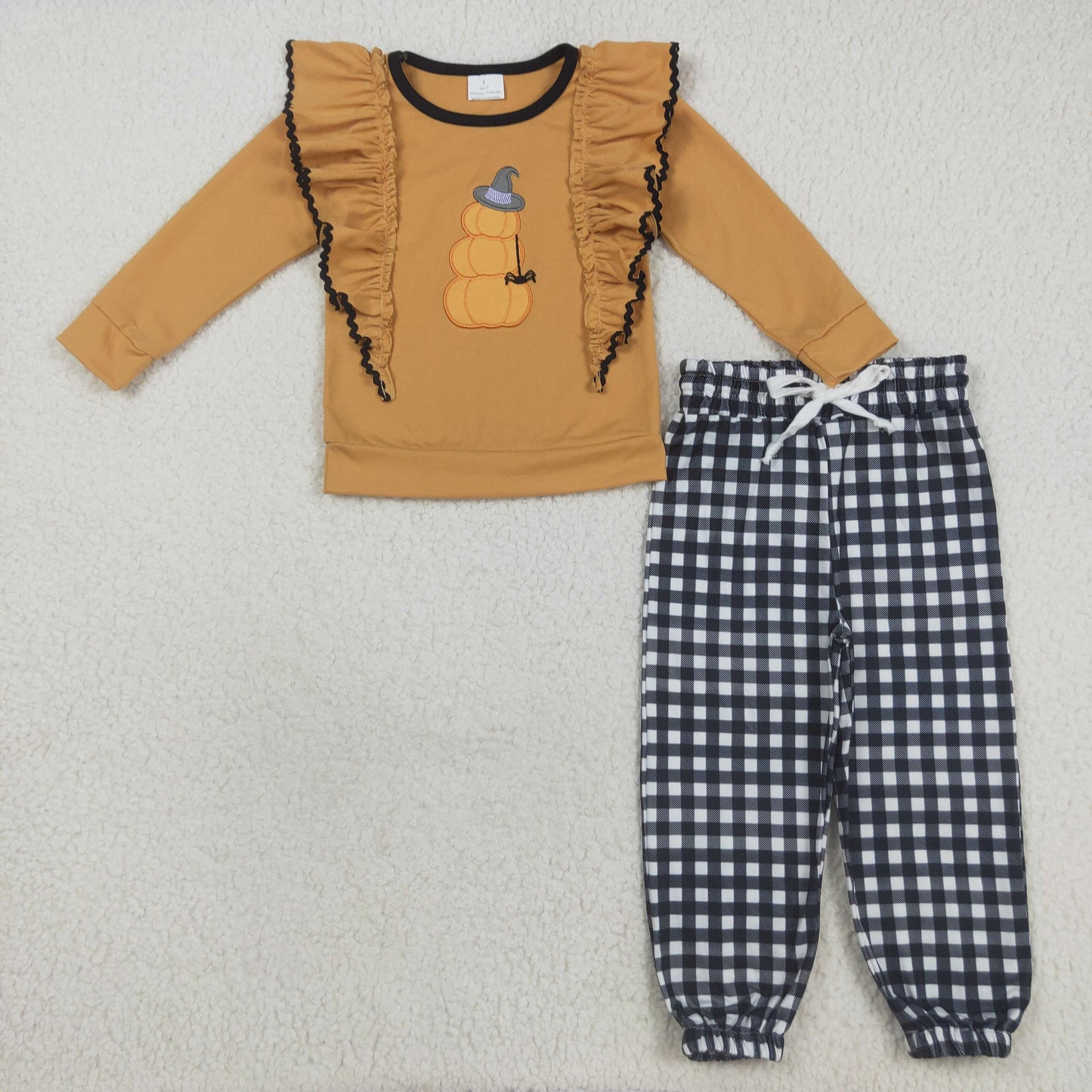 Sibling Baby Girls Long Sleeves Embroidery turkey Pumpkins Shirt Plaid Pants Set RTS