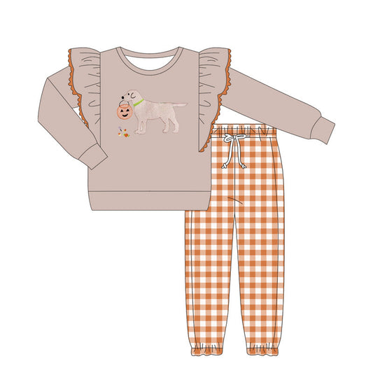 ( Moq 5 ) Preorder Baby Girl Long Sleeves Pumpkins Dog Ruffle Shirt Plaid Pants Halloween Set