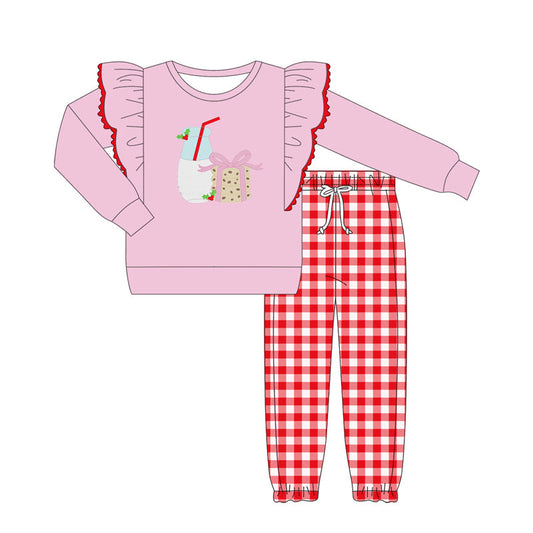 ( Moq 5 ) Preorder Baby Girl Pink Long Sleeves Cakes Milk Shirt Red Plaid Pant Set