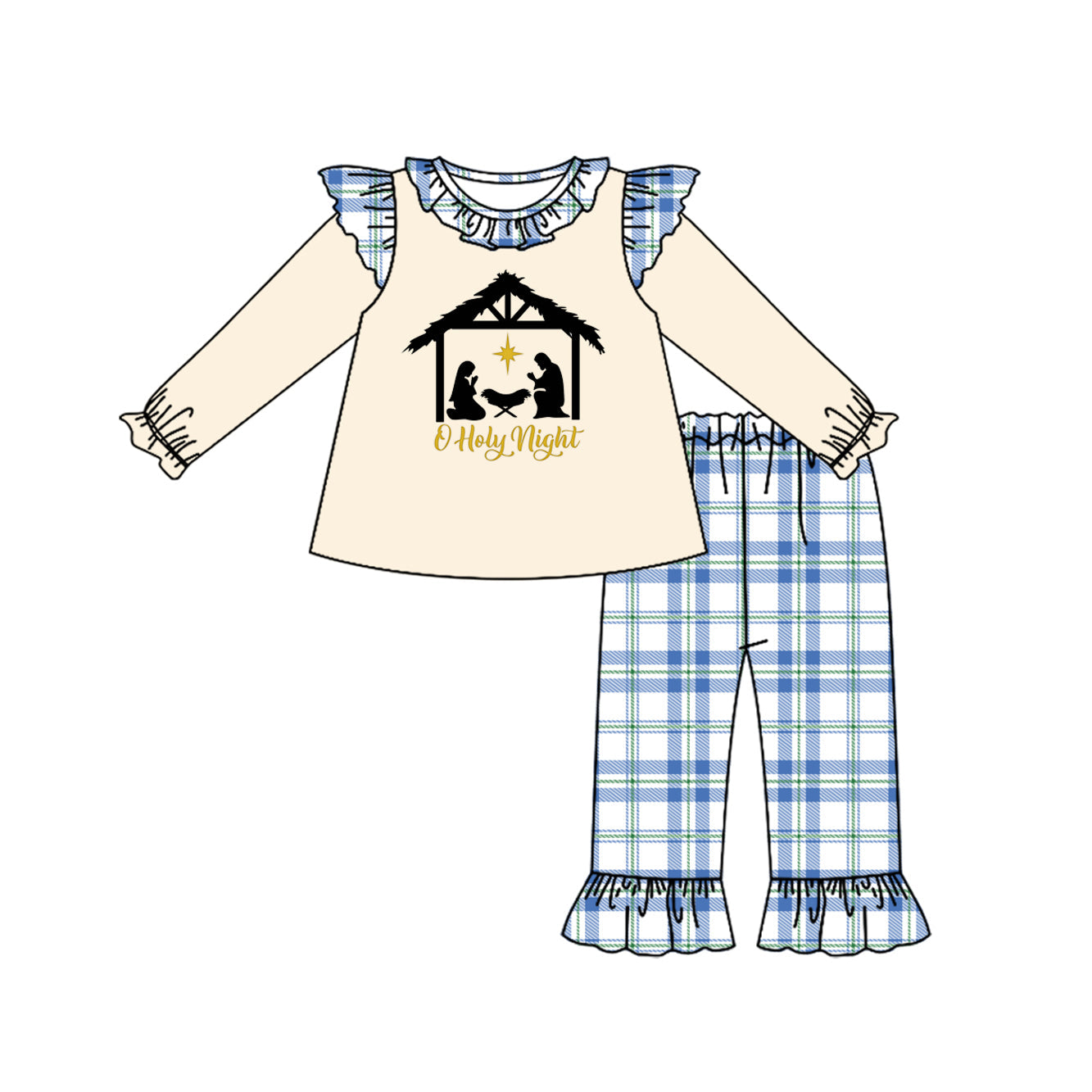 ( Moq 5 ) Preorder Baby Girl Long Sleeves Jesus Nativity Tunic Blue Plaid Pants Set