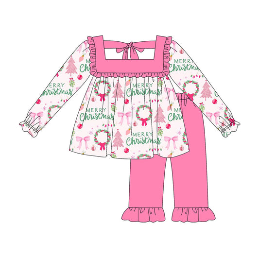 ( Moq 5 ) Preorder Baby Girl Long Sleeves Christmas Bows Trees Tunic Ruffle Pink Pants Set