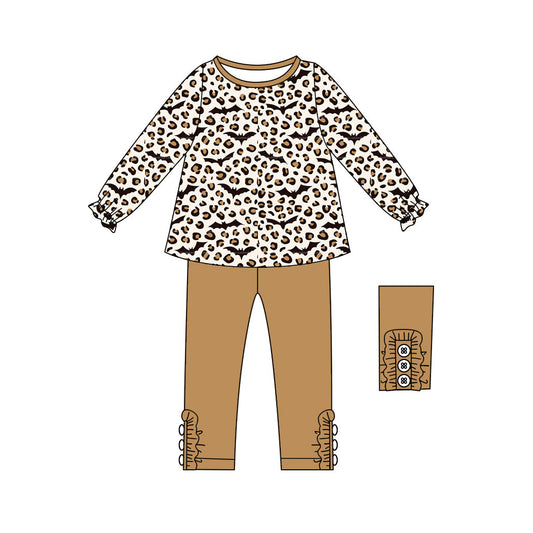 ( Moq 5 ) Preorder Baby Girl Long Sleeves Leopard Bats Tunic Ruffle Pants Halloween Set