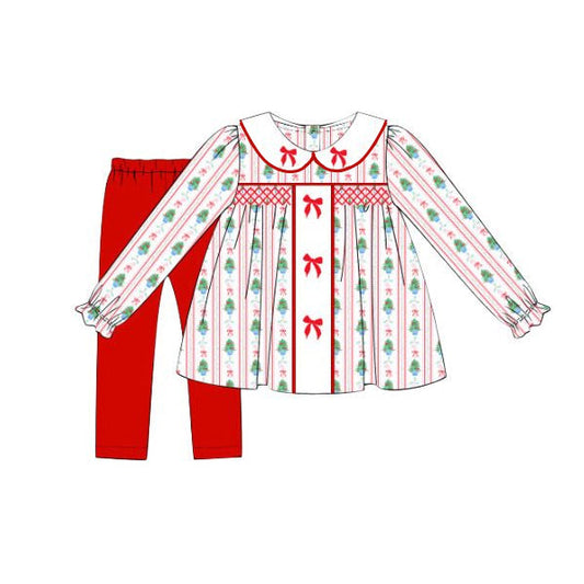 ( Moq 5 ) Preorder Baby Girl Long Sleeves Tree Bows Tunic Red Legging Pants Christmas Set