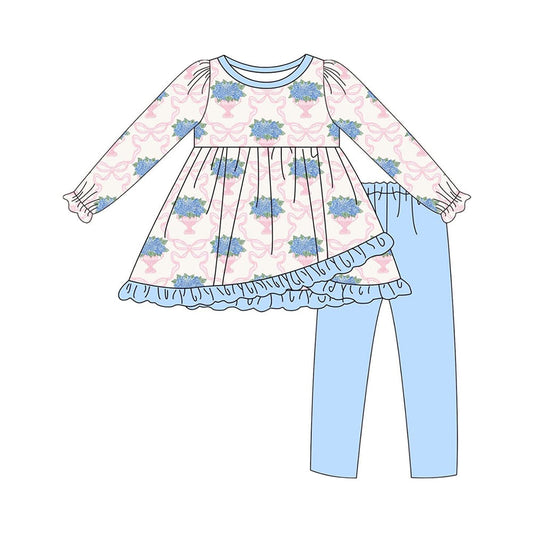 ( Moq 5 ) Preorder Baby Girl Long Sleeves Bows Flower Ruffle Tunic Blue Pants Set
