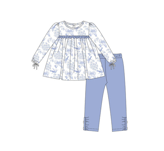 ( Moq 5 ) Preorder Baby Girl Long Sleeves Bows Floral Tunic Blue Pants Set