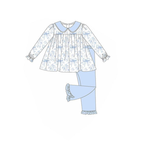 ( Moq 5 ) Preorder Baby Girl Long Sleeves Bows Floral Tunic Blue Ruffle Pants Set