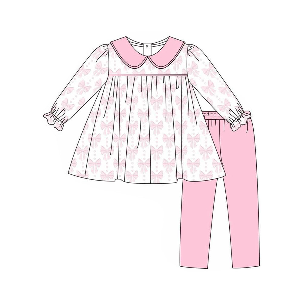 ( Moq 5 ) Preorder Baby Girl Long Sleeves Bows Tunic Pink Cotton Pants Set